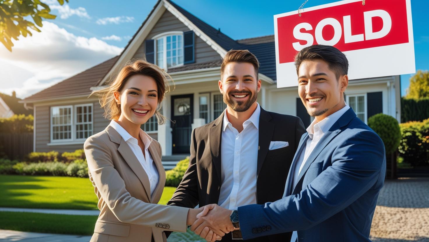 Happy couple shaking hands with real estate investor in front of sold house