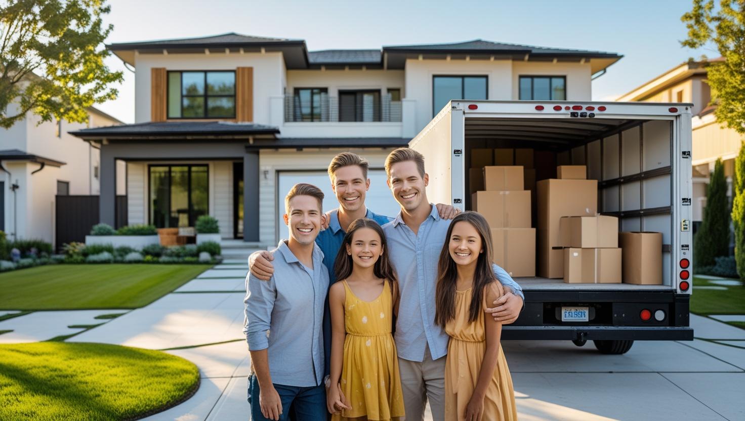 Young family celebrating after selling home for cash with moving truck