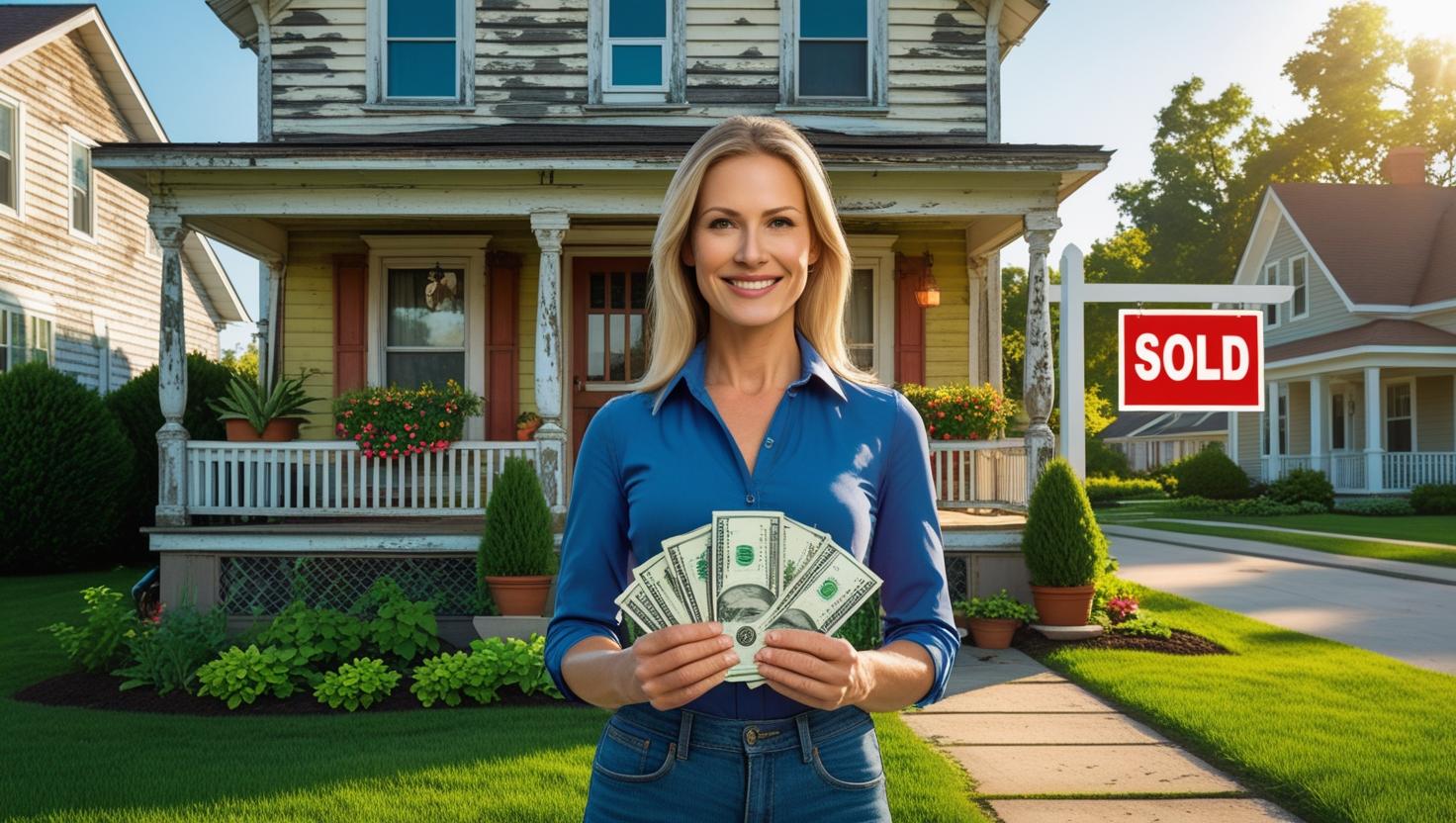 Confident woman holding cash in front of sold house