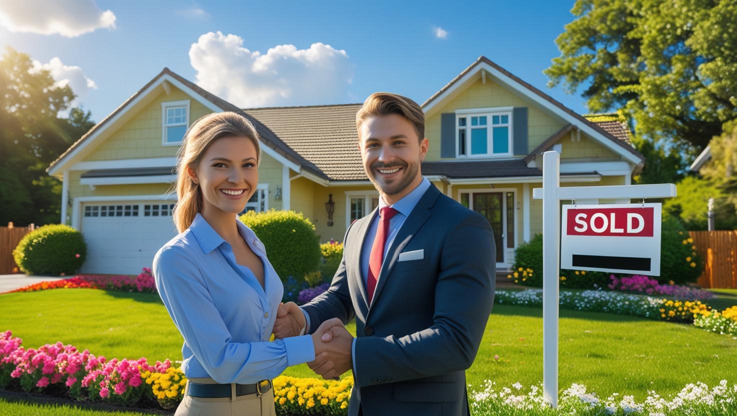 Professional handshake between homeowner and cash buyer in front of beautiful suburban home