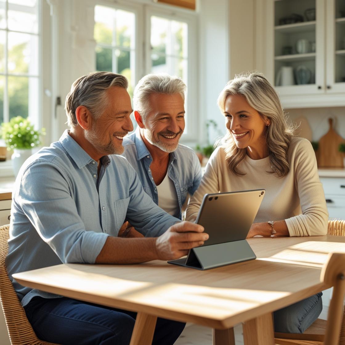 Three people collaborating around a table with tablet in bright modern kitchen