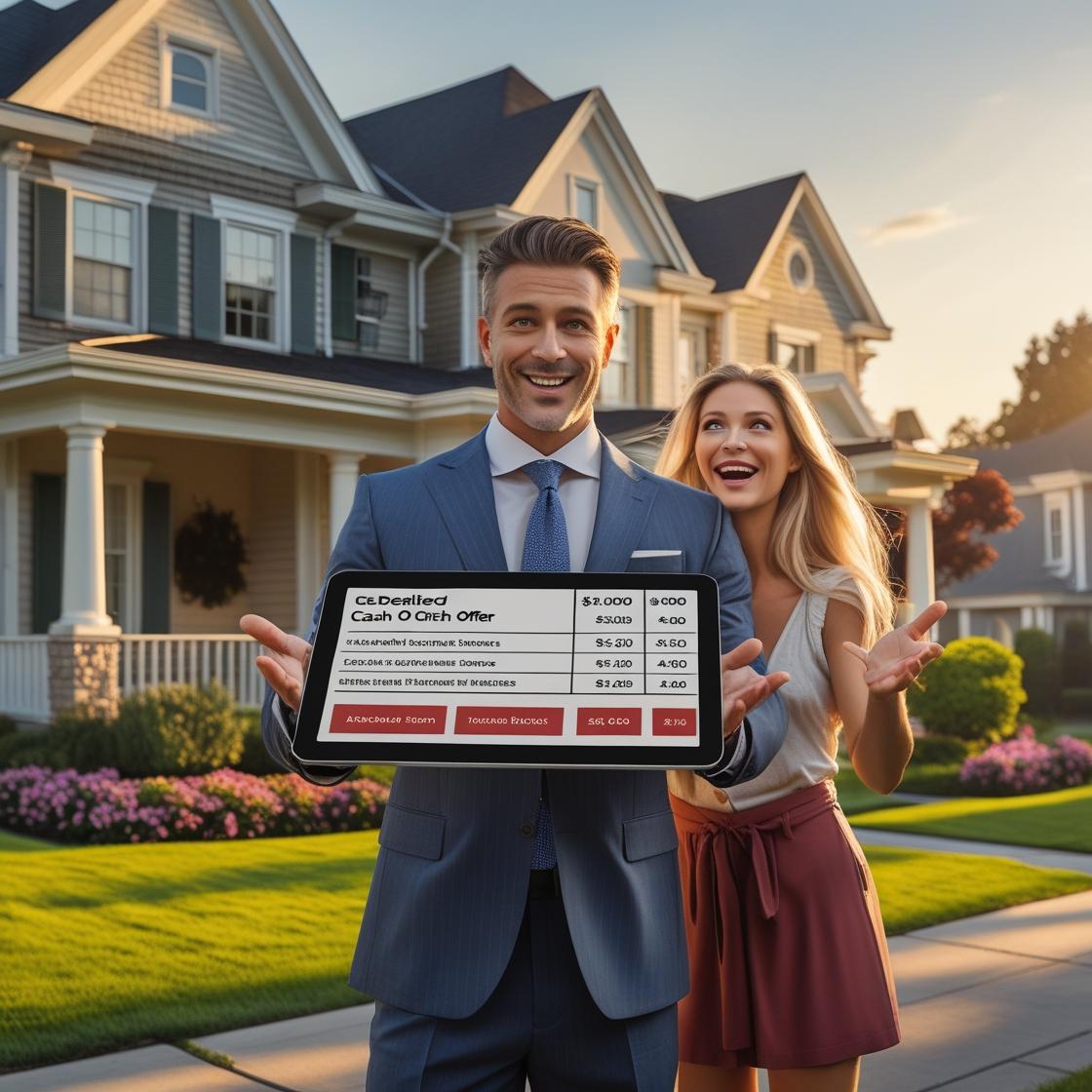 Professional presenting certified cash offer on tablet to excited homeowner in front of beautiful home