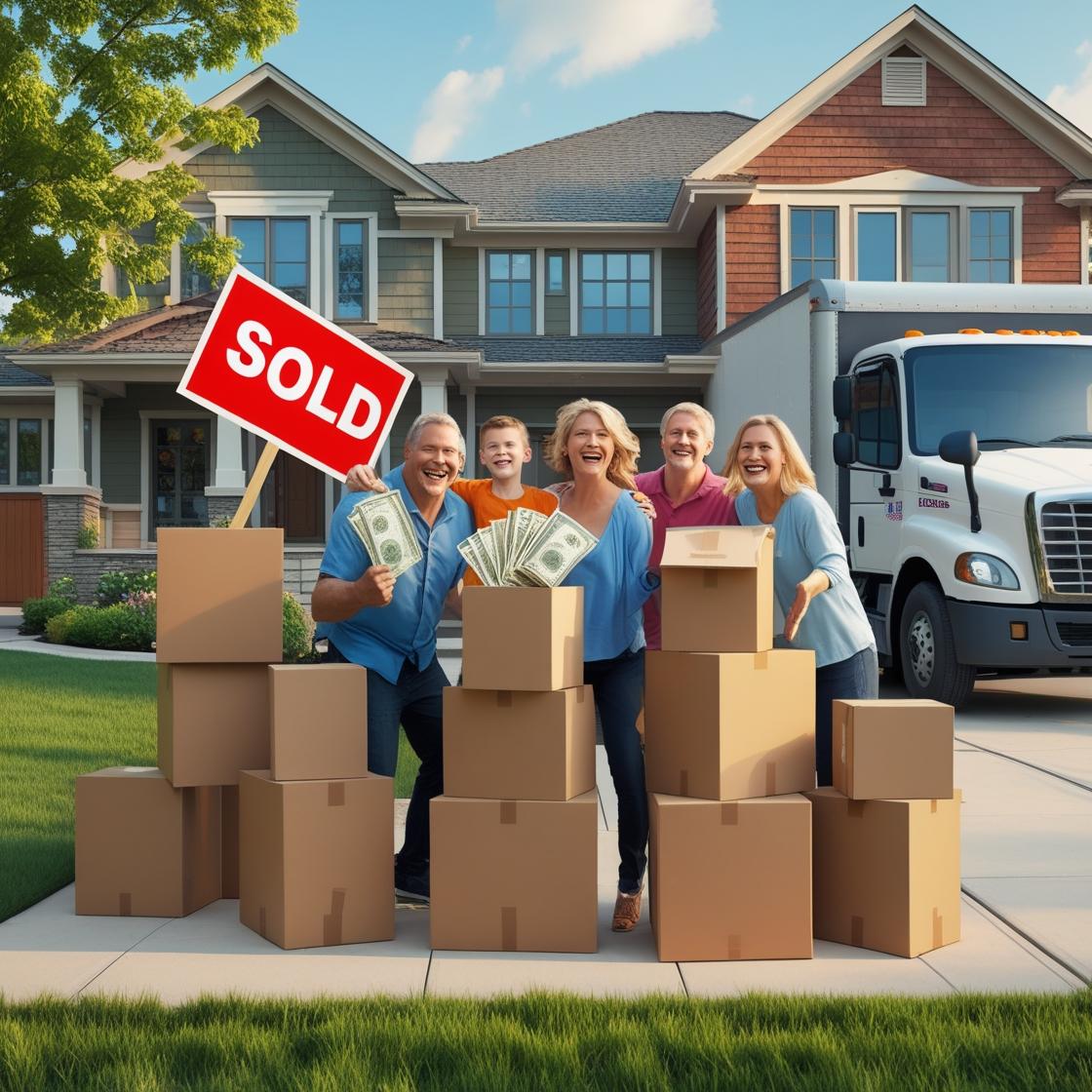 Happy multi-generational family celebrating with cash and sold sign surrounded by moving boxes